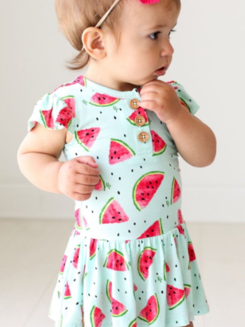 Posh Peanut Watermelon Print Toddler Dress - Pink & Green on Light Blue